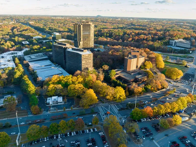 Aerial view of commercial buildings and new developments in Atlanta Metro Area